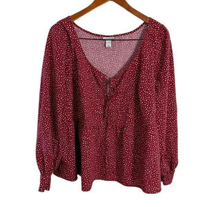 Ava & Viv Blouse Size 1X Red and White Dalmatian Spotted Peplum Ties Long Sleeve